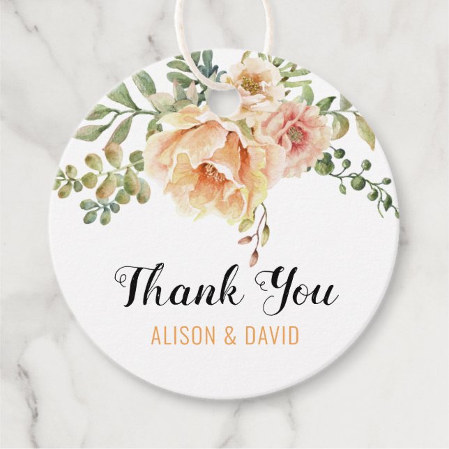 Étiquettes Cadeau Fleurs d'aquarelle, calligraphie mariage Merci (Devant)