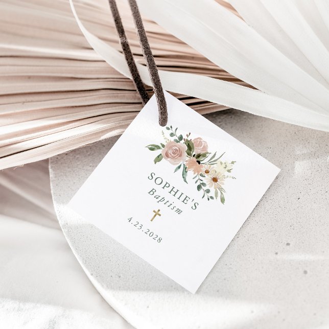 Étiquettes Cadeau Fleurs d'aquarelle neutres simples | Baptême (Créateur téléchargé)