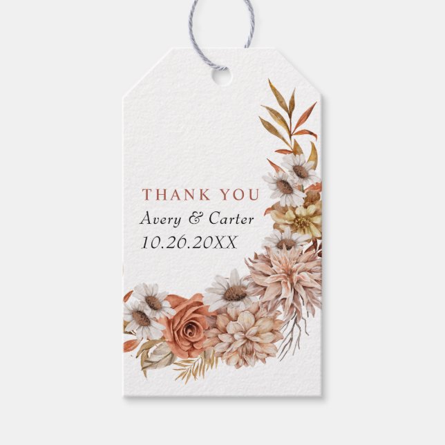 Étiquettes-cadeau Fleurs d'automne en terre cuite et mariage de auto (Devant)