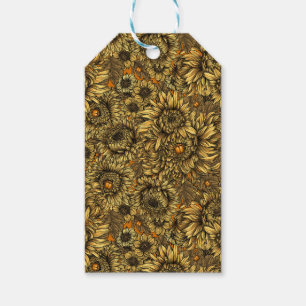 Étiquettes-cadeau Fleurs de chrysanthèmes jaunes et coléoptères oran