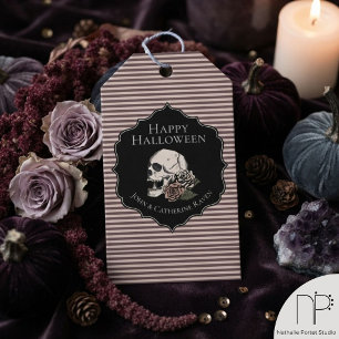 Étiquettes-cadeau Fleurs de crâne rose pastel Halloween vintage