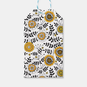 Étiquettes-cadeau Fleurs de gribouillis et feuilles en jaune et noir