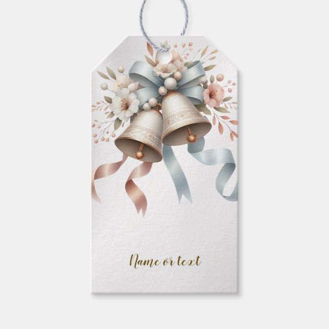 Étiquettes-cadeau Fleurs de mariage cloches Rubans bleu rose Beau (Devant)