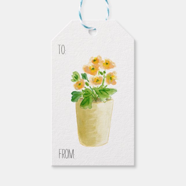 Étiquettes-cadeau Fleurs de pêche en pot jaune (Devant)