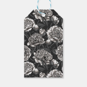 Étiquettes-cadeau Fleurs de pivoines blanches sur gris foncé