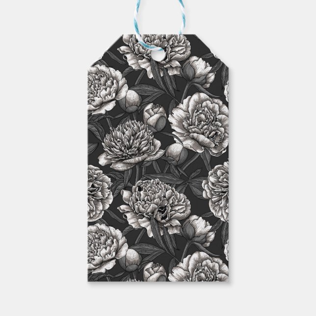 Étiquettes-cadeau Fleurs de pivoines blanches sur gris foncé (Devant)