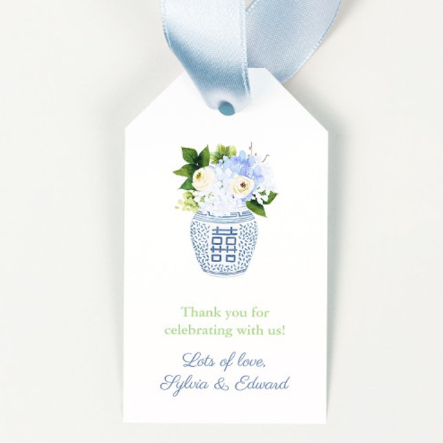 Étiquettes-cadeau Fleurs de printemps bleu blanc Baby shower clé gre (Blue and white ginger jar with neutral florals wedding or baby shower party favor tags design)