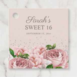 Étiquettes Cadeau Fleurs de roses roses pailletées d'argent Sweet 16
