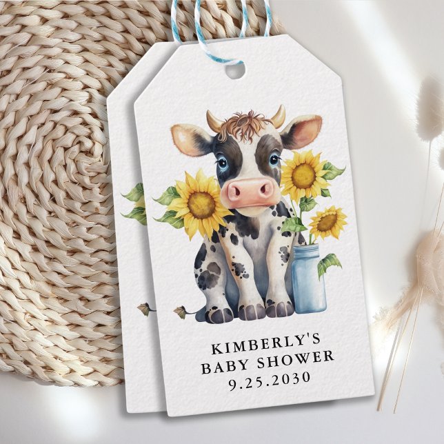 Étiquettes-cadeau Fleurs de soleil de vache mignonne Simple Baby sho (Créateur téléchargé)