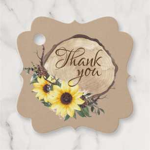 Étiquettes Cadeau Fleurs de soleil et Merci en tranches de bois