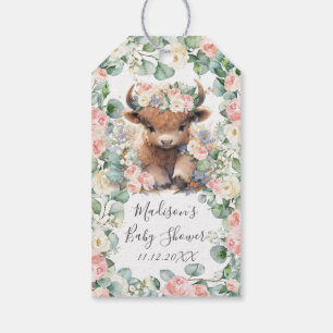 Étiquettes-cadeau Fleurs de verdure Highland Cow Baby Shower Anniver