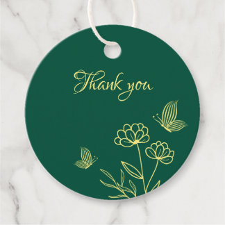 Étiquettes Cadeau Fleurs d'or simple vert émeraude mariage