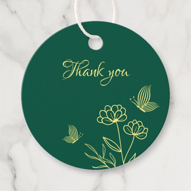 Étiquettes Cadeau Fleurs d'or simple vert émeraude mariage (Devant)