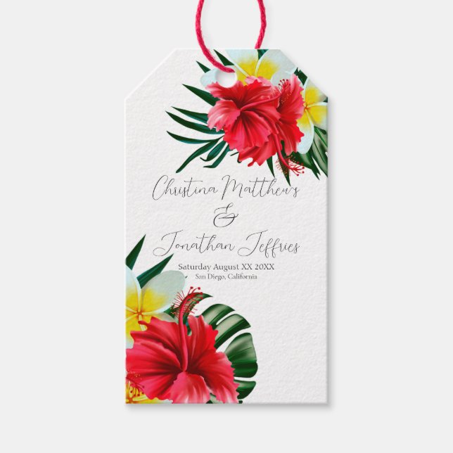 Étiquettes-cadeau Fleurs hawaïennes tropicales sur blanc élégant (Devant)