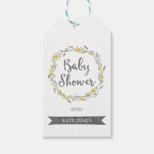 Étiquettes-cadeau Fleurs jaunes et baby shower gris de guirlande de