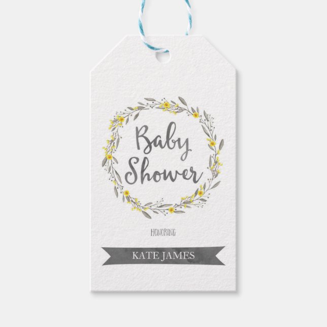 Étiquettes-cadeau Fleurs jaunes et Feuilles gris Baby shower de cour (Devant)