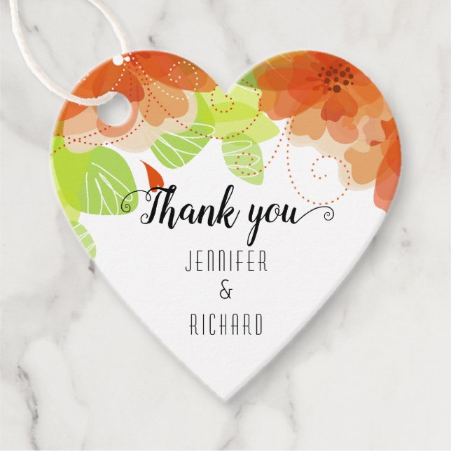 Étiquettes Cadeau Fleurs orange et calligraphie mariage Merci (Devant)
