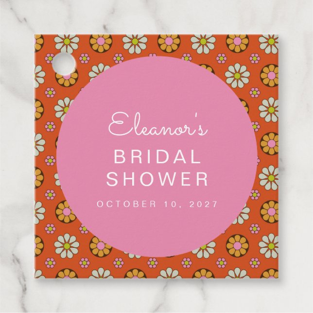 Étiquettes Cadeau Fleurs Rétro Années 60 Orange Rose Mariage Sur Mes (Devant)