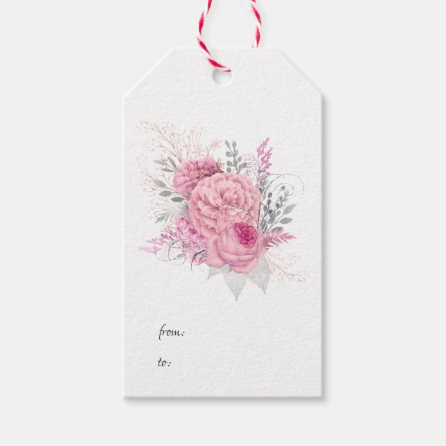 Étiquettes-cadeau Fleurs rose et argent (Devant)