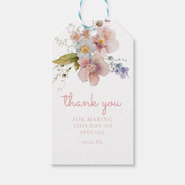 Étiquettes-cadeau Fleurs rose poudré aquarelle remerciements (Devant)