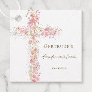 Étiquettes Cadeau fleurs roses de confirmation croix