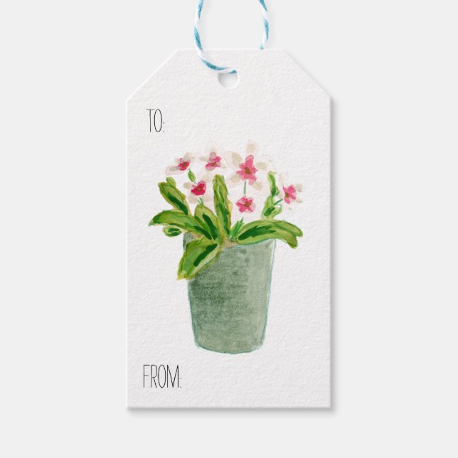Étiquettes-cadeau Fleurs roses en pot gris (Devant)