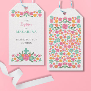 Étiquettes-cadeau Fleurs roses et aqua avec croix bébé fille Baptême