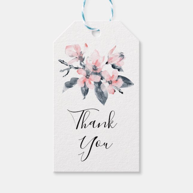 Étiquettes-cadeau Fleurs roses et gris Merci d'aquarelle classique (Devant)