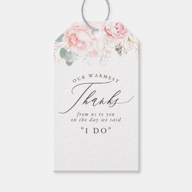 Étiquettes-cadeau Fleurs roses et verdure or Mariage élégant (Devant)
