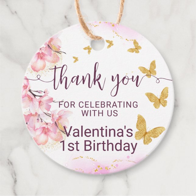 Étiquettes Cadeau Fleurs roses Papillons d'or Script Merci (Devant)