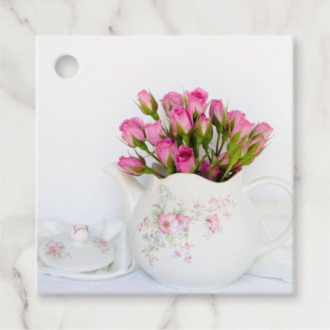 Étiquettes Cadeau Fleurs roses roses en Mariage de théière (Devant)