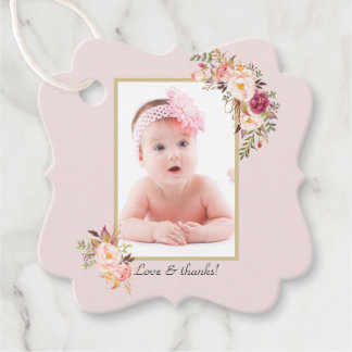 Étiquettes Cadeau Fleurs Roses Rouges Gold Girl Photo Baptême