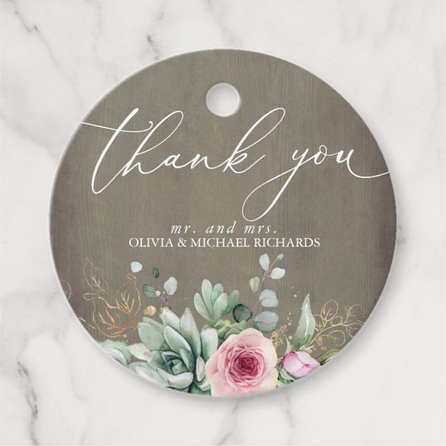 Étiquettes Cadeau Fleurs roses Succulentes Verdure Merci (Devant)