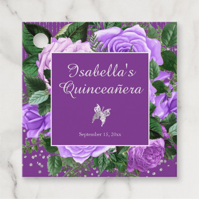 Étiquettes Cadeau Fleurs Roses violettes Papillon en argent Quinceañ (Devant)