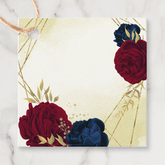 Étiquettes Cadeau fleurs rouges marine or feuille mariage (Devant)
