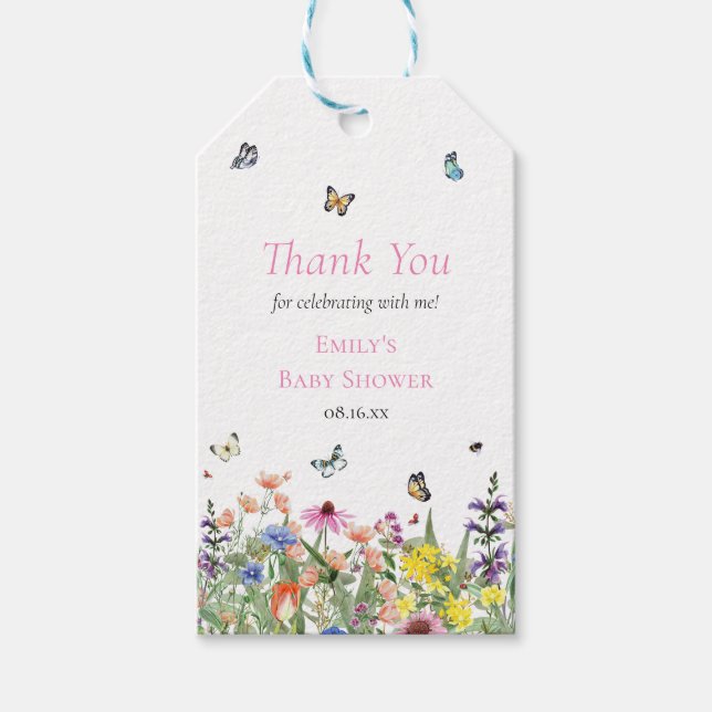 Étiquettes-cadeau Fleurs sauvages d'été et papillons Merci (Devant)