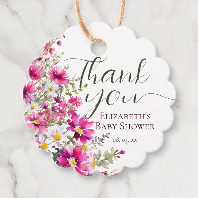 Étiquettes Cadeau Fleurs sauvages rose vif Floral Baby shower Boho (Devant)