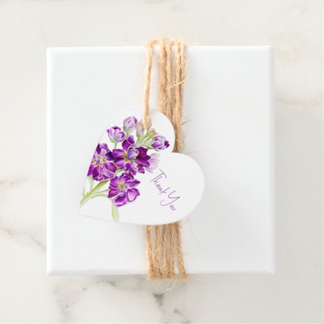 Étiquettes Cadeau fleurs stocks aquarelle art violet merci (En situation)