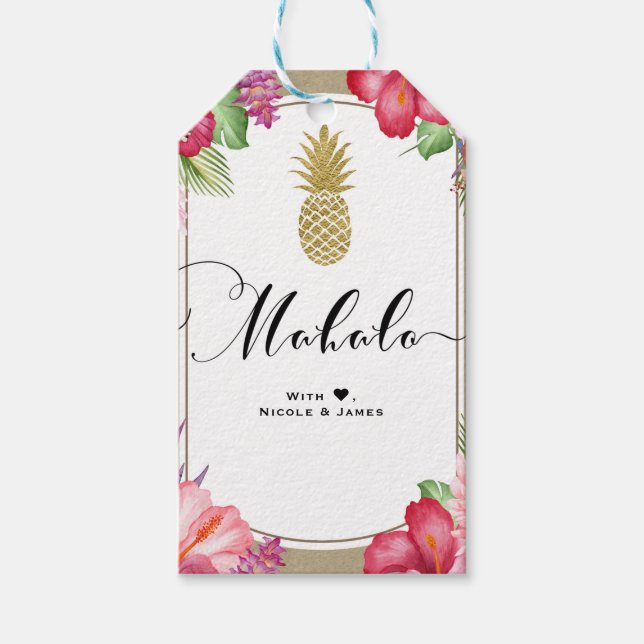 Étiquettes-cadeau Fleurs tropicales Ananas Chic MAHALO ALOHA (Devant)