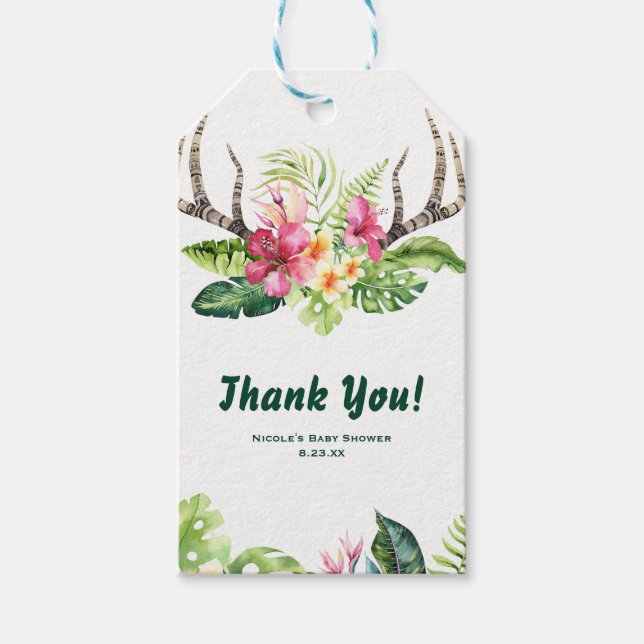 Étiquettes-cadeau Fleurs tropicales Boho Rustic Antlers Fête des mar (Devant)
