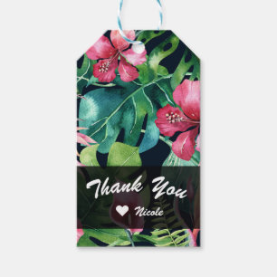 Étiquettes-cadeau Fleurs tropicales d'Hibiscus et feuilles de palmie