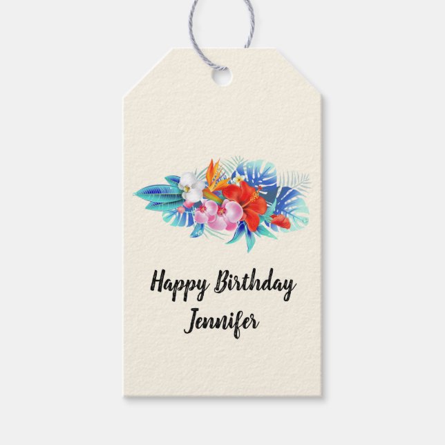 Étiquettes-cadeau Fleurs tropicales exotiques à l'Anniversaire rose  (Devant)