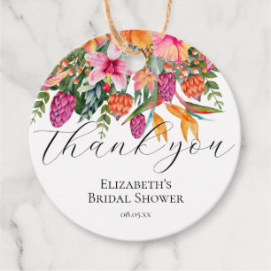 Étiquettes Cadeau Fleurs tropicales rose orange Merci de script