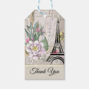 Étiquettes-cadeau Fleurs vintages, Tour Eiffel et Merci Burlap