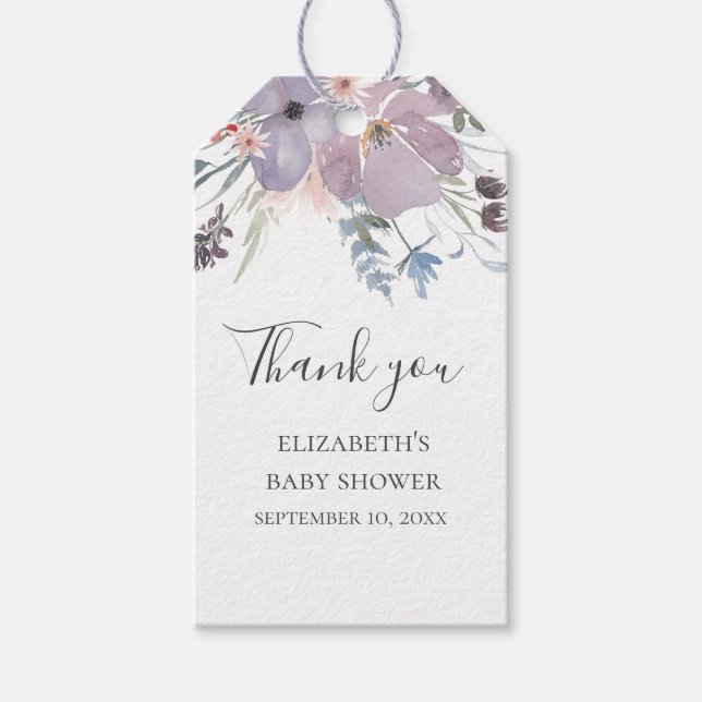 Étiquettes-cadeau Fleurs violettes. Baby shower floral merci (Devant)