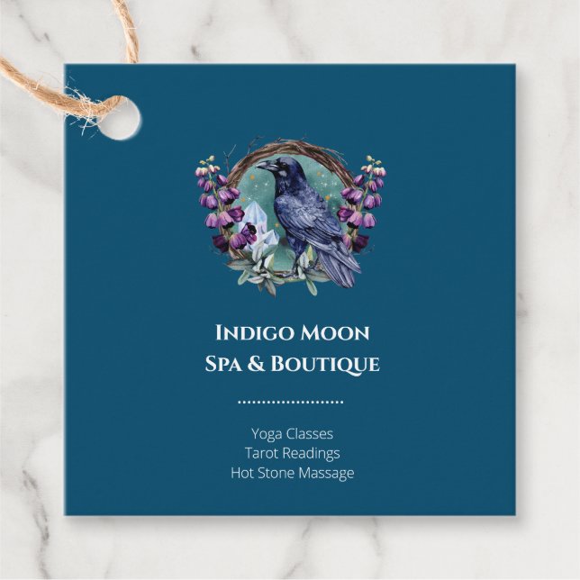 Étiquettes Cadeau Fleurs violettes Corbeau céleste cristaux couronne (Devant)