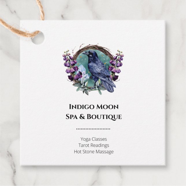 Étiquettes Cadeau Fleurs violettes Corbeau céleste cristaux couronne (Devant)