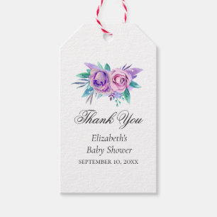 Étiquettes-cadeau Fleurs violettes et roses. Baby shower merci