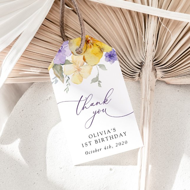Étiquettes-cadeau Fleurs violettes, Fleurs Jaunes, Premier Anniversa (Créateur téléchargé)