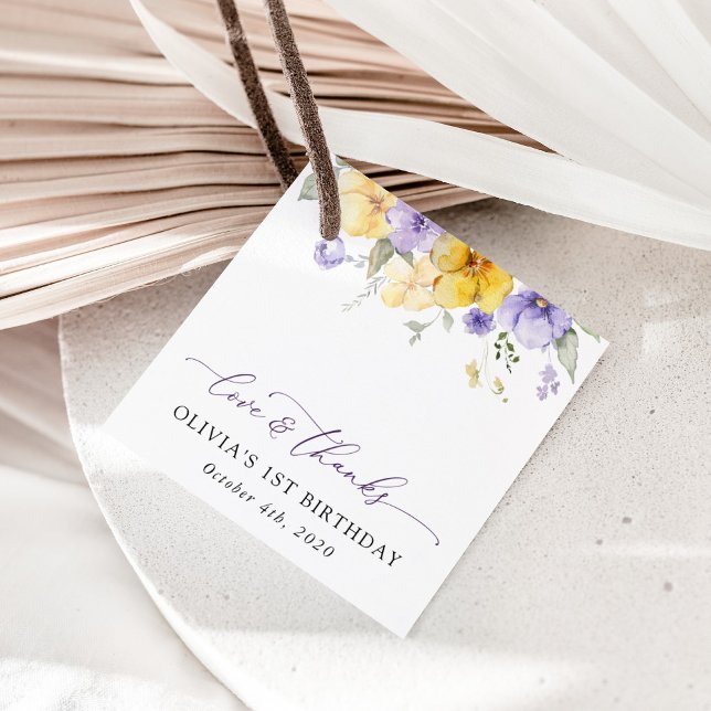 Étiquettes Cadeau Fleurs violettes, Fleurs Jaunes, Premier Anniversa (Créateur téléchargé)